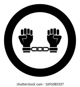 Handcuffed hands Chained human arms Prisoner concept Manacles on man Detention idea Fetters confine Shackles on person icon in circle round black color vector illustration flat style image