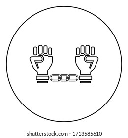 Handcuffed hands Chained human arms Prisoner concept Manacles on man Detention idea Fetters confine Shackles on person icon in circle round outline black color vector illustration flat style image