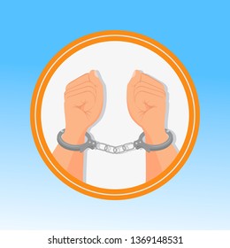Handcuffed Hands, Fists Flat Vector Illustration. Opposition, Rebels Persecution Symbol in Round Frame. Human Rights Violation, Incarceration, Bondage Isolated Sign. Slave, Hostage, Captive Detention