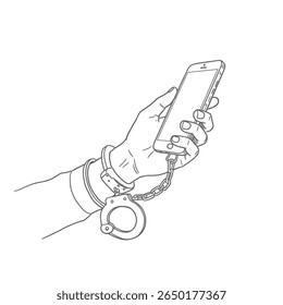 Mãos algemadas segurando smartphone, ilustrando vício em telefone ou cativeiro digital. Adequado para conceitos de tecnologia e mídias sociais.