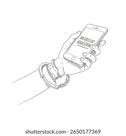 Mãos algemadas segurando smartphone, ilustrando vício em telefone ou cativeiro digital. Adequado para conceitos de tecnologia e mídias sociais.