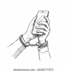 Mãos algemadas segurando smartphone, ilustrando vício em telefone ou cativeiro digital. Adequado para conceitos de tecnologia e mídias sociais.