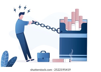 Handcuffed man chained to pack of cigarettes. Addiction to tobacco. Unhappy male character chained to cigarette packing. Quit smoking. No smoke, concept. Social issues. flat vector illustration