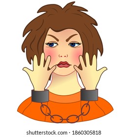 Handcuffed woman that is showing her hands, arrested female criminal suspect about to go to jail, ashamed girl under custody in handcuffs, simple colored emoticon, primitive vector art