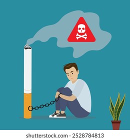 Handcuffed young adult chained to giant cigarette. Addiction to tobacco. Unhappy male character chained to nicotine. Quit smoking. No smoke, concept. Social issues. flat vector illustration