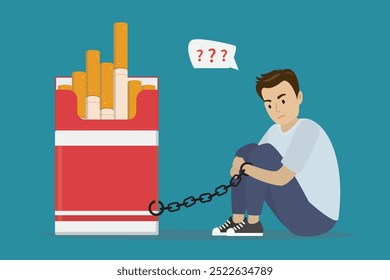 Handcuffed young adult chained to pack of cigarettes. Addiction to tobacco. Unhappy male character chained to cigarette packing. Quit smoking. No smoke, concept. Social issues. vector illustration