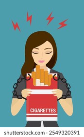 Handcuffed young adult chained to pack of cigarettes. Addiction to tobacco. Unhappy female character chained to cigarette packing. Quit smoking. No smoke, concept. Social issues. vector illustration