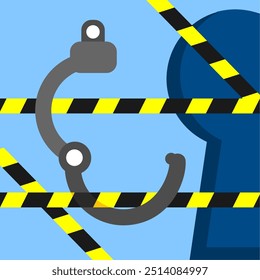 Handcuffs in caution line background. Key to access vector illustration. Security breach. Suitable for cyber threat awareness, crime, and law content