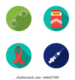 Handcuffs, cigarettes, AIDS ribbon, syringe. Drugs set collection icons in flat style vector symbol stock illustration web.
