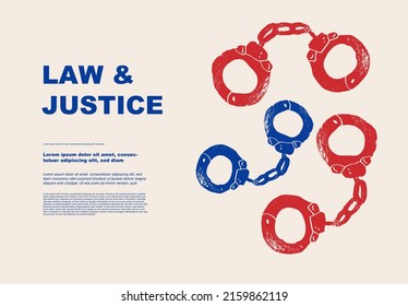 Handcuffs. Concept of law justice. Set of posters of jurisprudence in a abstract draw design. State institutions. Civil law, criminal cases. Perfect for poster, cover, banner