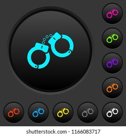 Handcuffs dark push buttons with vivid color icons on dark grey background