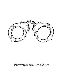 Handcuffs. Engraving Vintage Vector Black Illustration. Isolated On White Background. Hand Drawn Design Element For Label And Poster