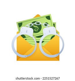 Handcuffs with envelope of money. Dishonest Money. Anti corruption concept. sign, label. Vector stock illustration