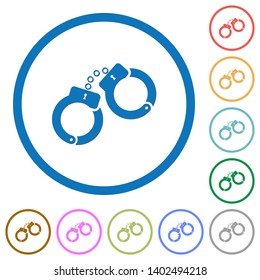 Handcuffs flat color vector icons with shadows in round outlines on white background