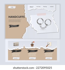 Handcuffs flat landing page website template. Jail, witness, evidence. Web banner with header, content and footer. Vector illustration.