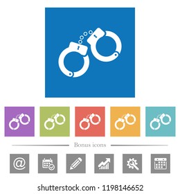 Handcuffs flat white icons in square backgrounds. 6 bonus icons included.