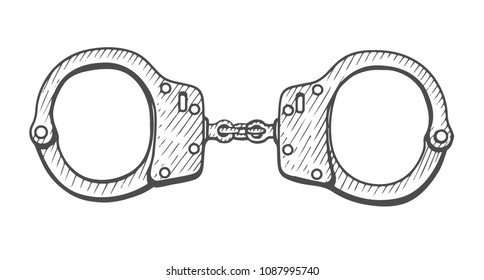 Handcuffs. Hand Drawn Engraving Vintage Vector Black. Isolated On White Background. Stylish Design With Sketch Illustration