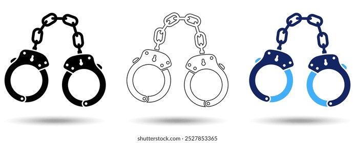 Handcuffs icon. Handcuffs icon on a white background, isolated. The icon has three uses in applications and websites. Vector illustration. Handcuffs icon on a white background.