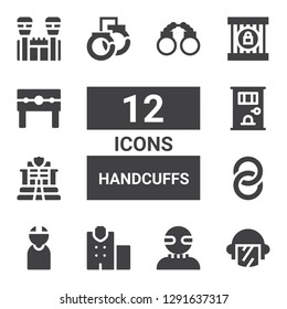 handcuffs icon set. Collection of 12 filled handcuffs icons included Police, Criminal, Police station, Handcuffs, Jail, Punishment