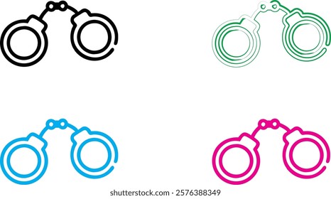 handcuffs icon, simple black and white illustration, minimalist design, line art, criminal justice symbol, restraint device, law enforcement equipment, iconic representation, vector graphic style, sym