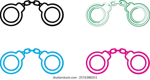 handcuffs icon, simple black and white illustration, minimalist design, line art, criminal justice symbol, restraint device, law enforcement equipment, iconic representation, vector graphic style, sym