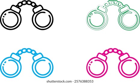 handcuffs icon, simple black and white illustration, minimalist design, line art, criminal justice symbol, restraint device, law enforcement equipment, iconic representation, vector graphic style, sym