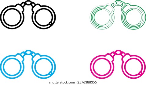 handcuffs icon, simple black and white illustration, minimalist design, line art, criminal justice symbol, restraint device, law enforcement equipment, iconic representation, vector graphic style, sym