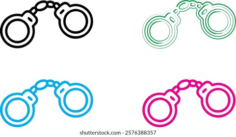 handcuffs icon, simple black and white illustration, minimalist design, line art, criminal justice symbol, restraint device, law enforcement equipment, iconic representation, vector graphic style, sym