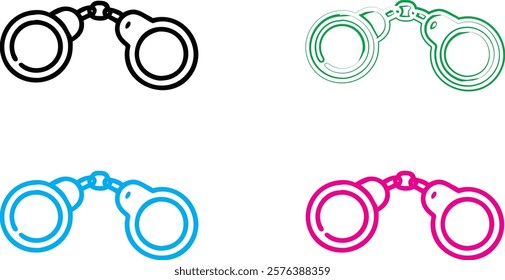 handcuffs icon, simple black and white illustration, minimalist design, line art, criminal justice symbol, restraint device, law enforcement equipment, iconic representation, vector graphic style, sym