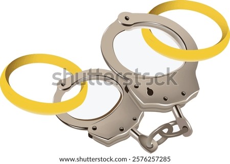 Handcuffs intertwined with two golden wedding rings representing difficult marriage