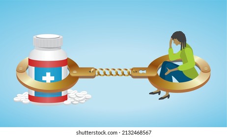 Handcuffs, medicine bottle, pills and woman. Dimension 16:9.