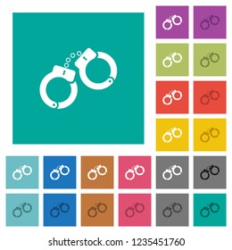 Handcuffs multi colored flat icons on plain square backgrounds. Included white and darker icon variations for hover or active effects.