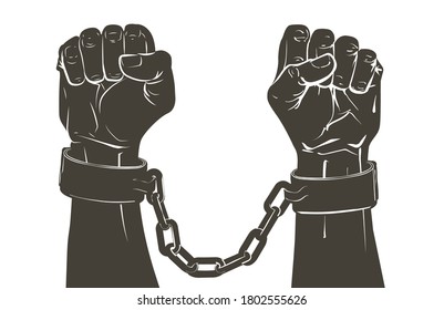 Handcuffs on the hands of the slave black African Americans. Criminal man in antique shackles chains. A slavery, dependence, punishment, unfreedom, treatment, bondage concept. Sketch vector