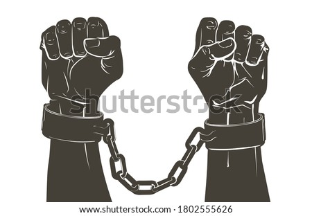 Handcuffs on the hands of the slave black African Americans. Criminal man in antique shackles chains. A slavery, dependence, punishment, unfreedom, treatment, bondage concept. Sketch vector