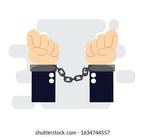 Handcuffs on hands. Vector Illustration. 