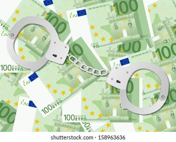 Handcuffs on one hundred euros background. Vector illustration.