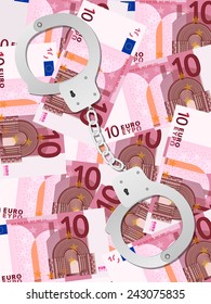 Handcuffs on ten euros background. Vector illustration.