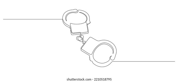 Handcuffs in one continuous line drawing. Symbol of police justice and jail prison concepr in simple linear style. True crime banner with thin editable stroke. Doodle vector illustration