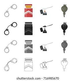Handcuffs, a pack of cigarettes, a lighter with a spoon of a drug, a poppy head. Drugs set collection icons in cartoon black monochrome outline style vector symbol stock illustration web.