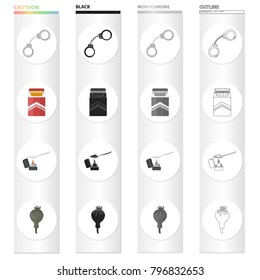 Handcuffs, a pack of cigarettes, a lighter with a spoon of a drug, a poppy head. Drugs set collection icons in cartoon black monochrome outline style vector symbol stock illustration web.