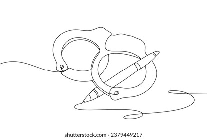 Handcuffs and a pen for writing. Day of the Imprisoned Writer. One line drawing for different uses. Vector illustration.