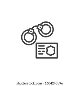 Handcuffs and police badge line icon. linear style sign for mobile concept and web design. Police equipment outline vector icon. Symbol, logo illustration. Vector graphics