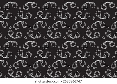 handcuffs police supply with star line art engraving seamless pattern on black background. retro prison manacle hatching wallpaper for kids, police, security merchandise