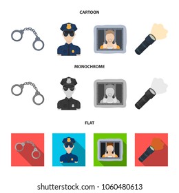 Handcuffs, policeman, prisoner, flashlight.Police set collection icons in cartoon,flat,monochrome style vector symbol stock illustration web.