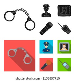 Handcuffs, policeman, prisoner, flashlight.Police set collection icons in black, flat style vector symbol stock illustration web.