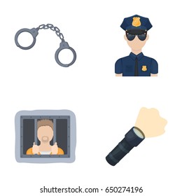 Handcuffs, policeman, prisoner, flashlight.Police set collection icons in cartoon style vector symbol stock illustration web.