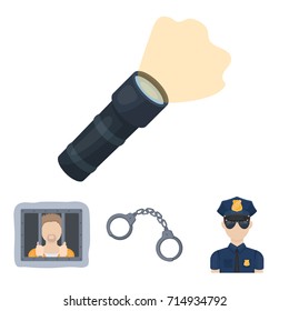 Handcuffs, policeman, prisoner, flashlight.Police set collection icons in cartoon style vector symbol stock illustration web.