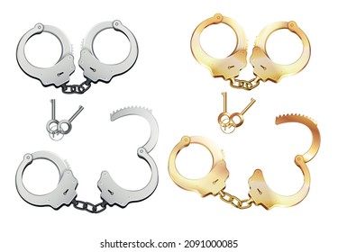 Handcuffs realistic set with isolated images of golden and silver wristbands with open and locked chain vector illustration