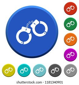 Handcuffs round color beveled buttons with smooth surfaces and flat white icons