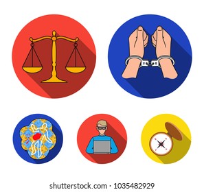 Handcuffs, scales of justice, hacker, crime scene.Crime set collection icons in flat style vector symbol stock illustration web.